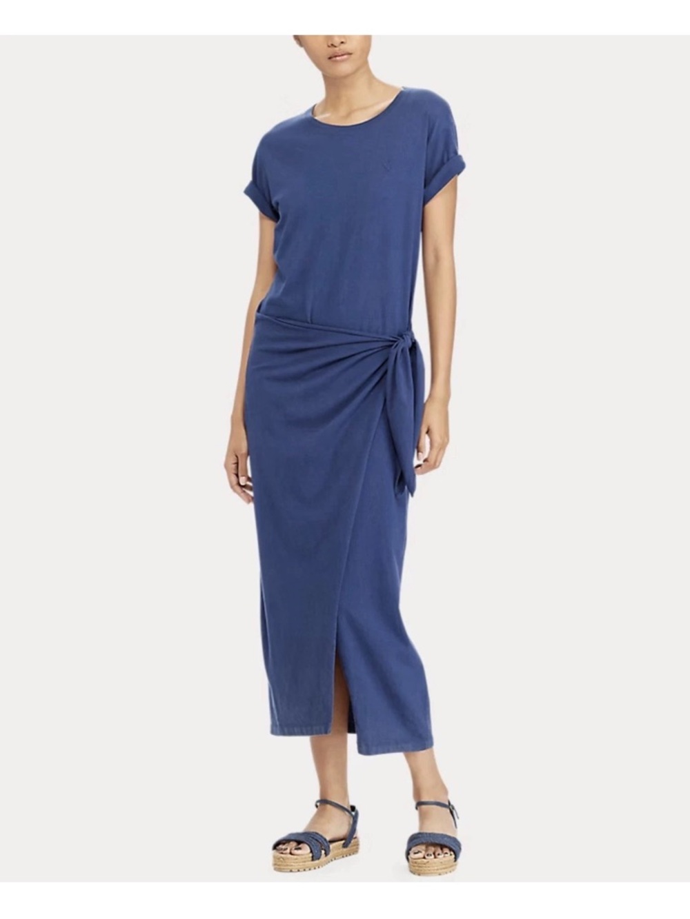 Ralph Lauren Navy Short-Sleeve Midi Dress with Side Tie
